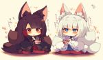  2girls akagi_(azur_lane) animal_ears azur_lane black_hair blue_eyes breasts chibi cleavage cushion drooling eyeshadow fox_ears fox_tail hair_tubes japanese_clothes kaga_(azur_lane) long_hair looking_at_viewer makeup multiple_girls multiple_tails muuran parted_lips ramen red_eyes short_hair steam tail white_hair 