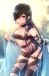  1girl bare_shoulders black_hair breasts fate/grand_order fate_(series) fishnet_fabric hair_over_one_eye highres long_hair looking_at_viewer mochizuki_chiyome_(fate/grand_order) moe_(hamhamham) small_breasts solo standing violet_eyes 