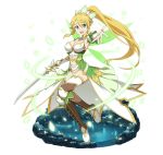  1girl :d blonde_hair boots breasts choker cleavage detached_sleeves full_body green_eyes green_wings hair_between_eyes hair_ornament high_ponytail holding holding_sword holding_weapon jewelry large_breasts leafa long_hair looking_at_viewer navel necklace open_mouth outstretched_arm pointy_ears sidelocks smile solo sword sword_art_online thigh-highs transparent_background very_long_hair weapon white_apnties white_legwear wings 