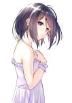  1girl arm_garter bangs blue_eyes blue_hair closed_mouth dress eyebrows_visible_through_hair from_side hand_on_own_chest looking_at_viewer looking_to_the_side original short_hair simple_background smile solo suzunari_shizuku upper_body white_background white_dress yuki_arare 