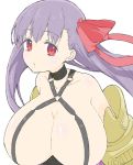  1girl absurdres bangs bare_shoulders belt belt_collar breasts criss-cross_halter donguri_suzume eyebrows_visible_through_hair fate/extra fate/extra_ccc fate_(series) hair_ribbon halterneck highres huge_breasts long_hair looking_at_viewer o-ring_top parted_lips passion_lip purple_hair red_eyes red_ribbon ribbon simple_background solo upper_body white_background 