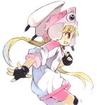  1girl :d alien_nine bangs bike_shorts black_gloves blonde_hair blush borg_(alien_nine) copyright_request eyebrows_visible_through_hair fingerless_gloves frog_hat from_side gloves gym_shirt hat kurasuke long_hair long_sleeves low_ponytail open_mouth pink_hat pink_shorts profile red_eyes shirt shorts sketch sleeves_pushed_up smile solo tomine_kasumi very_long_hair white_shirt 