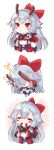  1girl :&lt; :3 armor blue_ribbon blush_stickers bow chibi closed_eyes comic eating fate/grand_order fate_(series) fingerless_gloves food gloves hair_bow highres horns long_hair mirui pocky red_bow red_eyes red_gloves ribbon silent_comic silver_hair tomoe_gozen_(fate/grand_order) white_background 