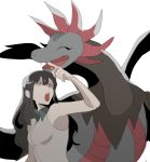  1girl black_hair blue_eyes dragon fangs glasses_enthusiast highres hydreigon long_hair looking_up mizuki_(pokemon_sm) open_mouth pokemon pokemon_(creature) pokemon_(game) pokemon_sm simple_background sleeveless upper_body white_background 