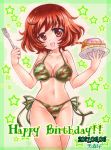  1girl :d akiyama_yukari bikini blush breasts brown_eyes brown_hair burafu cake camouflage camouflage_bikini cleavage dated food fork girls_und_panzer ground_vehicle happy_birthday looking_at_viewer military military_vehicle motor_vehicle navel open_mouth plate short_hair side-tie_bikini smile solo star swimsuit tank 