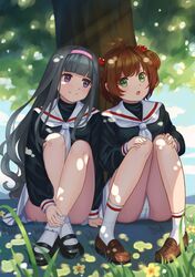  2girls :o absurdres against_tree black_footwear black_hair brown_footwear card_captor_sakura chu_(276634130) daidouji_tomoyo dappled_sunlight day flower grass green_eyes hair_bobbles hair_ornament hairband hands_on_own_knees highres kinomoto_sakura knees_up long_hair looking_at_viewer multiple_girls outdoors panties pantyshot pantyshot_(sitting) school_uniform serafuku short_hair sitting smile socks sunlight tree underwear very_long_hair violet_eyes white_legwear white_panties 