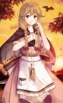  1girl apron bird blonde_hair blush bow braid brown_eyes cape effie_(fire_emblem) fire_emblem fire_emblem_echoes:_mou_hitori_no_eiyuuou fuussu_(21-kazin) leaf long_hair sky solo tree twin_braids upper_body 