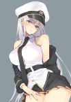  1girl azur_lane bangs bare_shoulders belt black_coat black_neckwear breasts buttons commentary_request cowboy_shot detached_sleeves enterprise_(azur_lane) eyebrows_visible_through_hair eyes_visible_through_hair grey_background hair_between_eyes hand_on_own_thigh hat head_tilt large_breasts lavender_eyes long_hair looking_at_viewer miniskirt natsuhiko necktie off_shoulder parted_lips peaked_cap pleated_skirt shirt sidelocks silver_hair simple_background skirt sleeveless sleeveless_shirt solo very_long_hair wing_collar 