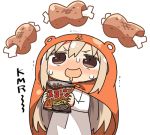  1girl bangs blonde_hair boned_meat brown_eyes doma_umaru dress drooling food food_request himouto!_umaru-chan holding holding_food kanikama komaru long_hair long_sleeves looking_up lowres meat open_mouth simple_background solo sweatdrop trembling white_background white_dress 