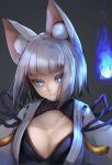  1girl animal_ears azur_lane bangs blue_eyes blunt_bangs breasts cleavage fox_ears hachachi highres hitodama japanese_clothes kaga_(azur_lane) large_breasts looking_at_viewer parted_lips short_hair smile solo upper_body 