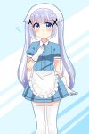  1girl :&lt; absurdres alternate_costume apron bangs blend_s blue_background blue_eyes blue_shirt blue_skirt blush closed_mouth collared_shirt commentary_request cosplay eyebrows_visible_through_hair flying_sweatdrops frilled_apron frills gloves gochuumon_wa_usagi_desu_ka? hair_ornament hand_on_own_chest head_scarf highres kafuu_chino long_hair looking_at_viewer omochi_(rimulovemiku) pleated_skirt puffy_short_sleeves puffy_sleeves purple_hair shirt short_sleeves skirt solo thigh-highs twintails two-tone_background uniform very_long_hair waist_apron waitress white_apron white_background white_gloves white_legwear x_hair_ornament 