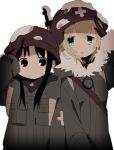  2girls aqua_eyes black_eyes black_hair blonde_hair chito_(shoujo_shuumatsu_ryokou) coat gloves gun height_difference helmet hiiragi_fuyuki hood hooded_jacket jacket long_hair looking_at_viewer military_jacket multiple_girls rifle salute shoujo_shuumatsu_ryokou smile snow weapon yuuri_(shoujo_shuumatsu_ryokou) 