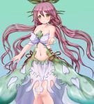  1girl bare_legs bare_shoulders breasts dress granblue_fantasy hair_bobbles hair_ornament large_breasts long_hair looking_at_viewer low_quad_tails navel object_on_head open_mouth pink_hair pointy_ears riku_(rikkuru) solo tree yellow_eyes yggdrasill_(granblue_fantasy) 