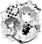  2girls :/ ;d ? bangs blush closed_mouth coin eyebrows_visible_through_hair fang flower greyscale hair_between_eyes hair_bobbles hair_ornament hat holding long_sleeves looking_at_viewer monochrome multiple_girls ok_sign one_eye_closed onozuka_komachi open_mouth rod_of_remorse scythe shiki_eiki short_hair short_sleeves smile spoken_question_mark star to-den_(v-rinmiku) touhou two_side_up upper_body 