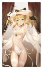  1girl :&gt; ahoge armpits arms_up artoria_pendragon_(all) blonde_hair breasts choker closed_mouth covered_navel cowboy_shot fate/grand_order fate_(series) green_eyes leotard lingerie ponytail saber_lily salmon88 sidelocks small_breasts smile solo sword thigh-highs underwear weapon white_legwear 