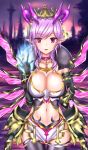  1girl ally_(eden154) black_gloves black_legwear breasts bustier choker cleavage cowboy_shot crown demon_horns elbow_gloves eyes_visible_through_hair fur_collar gloves hair_over_one_eye halterneck highres horn_ornament horns large_breasts lavender_hair looking_at_viewer magic navel oskulolu outdoors parted_lips pointy_ears revealing_clothes shironeko_project short_hair smile solo thigh-highs violet_eyes 