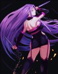  1girl ass back bare_shoulders black_legwear breasts detached_sleeves facial_mark fate/stay_night fate_(series) forehead_mark from_behind garter_straps highres hips large_breasts long_hair looking_at_viewer looking_back purple_hair rider sideboob solo thigh-highs thighs violet_eyes 