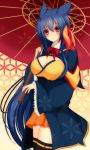  1girl absurdres animal_ears black_legwear blue_hair breasts hair_ornament highres large_breasts long_hair naiki_karin over_shoulder parasol personification pokemon red_eyes smile solo standing thigh-highs typhlosion umbrella very_long_hair wide_sleeves 