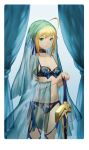  1girl ahoge artoria_pendragon_(all) bangs blonde_hair blue_bra blue_panties bra breasts closed_mouth cowboy_shot curtains excalibur fate/stay_night fate_(series) green_eyes holding holding_sword holding_weapon lace_trim lingerie looking_at_viewer panties planted_sword planted_weapon saber salmon88 sidelocks small_breasts solo sword underwear veil weapon 