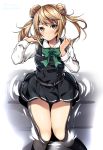  1girl ascot belt black_dress black_legwear blonde_hair breasts double_bun dress hair_bun highres kantai_collection kneehighs long_sleeves medium_hair michishio_(kantai_collection) pinafore_dress remodel_(kantai_collection) ruri_rarako school_uniform shirt short_twintails sitting small_breasts solo twintails water white_shirt yellow_eyes 