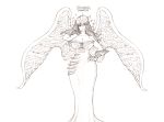  1girl angel_wings bangs bare_shoulders breasts character_name cleavage closed_mouth commentary detached_sleeves dress eyebrows_visible_through_hair greyscale hand_on_hip highres hips large_breasts long_dress long_hair looking_at_viewer monochrome nanatsu_no_taizai nerobasta simple_background smile solo sparkle standing the_golden_smurf white_background wings 