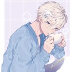  1boy ahoge blonde_hair blue_cardigan blue_eyes cardigan cinnamoroll cup grey_shirt hair_ornament hairclip highres holding holding_cup long_sleeves male_focus mug multicolored_background open_mouth original purple_background sanrio shirt short_hair sohu solo twitter_username white_background 