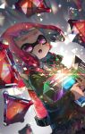  1girl backlighting bangs black_skirt blunt_bangs blush bow bowtie domino_mask dutch_angle earrings elbow_gloves gloves green_jacket gun highres holding holding_gun holding_weapon ink_tank_(splatoon) inkling jacket jewelry kashu_(hizake) long_sleeves mask multicolored multicolored_neckwear open_mouth pink_eyes pink_hair pleated_skirt pointy_ears reflective_eyes short_hair skirt solo splat_bomb_(splatoon) splatoon tentacle_hair triangle upper_body weapon 