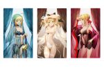  3girls :&gt; aestus_estus ahoge armpits arms_up artoria_pendragon_(all) babydoll bare_shoulders black_panties blonde_hair blue_bra blue_panties blush bra braid breasts choker cleavage closed_mouth contrapposto covered_navel cowboy_shot curtains eyebrows_visible_through_hair fate/extra fate/grand_order fate/stay_night fate_(series) from_side gradient green_eyes hair_bun hair_ribbon hand_on_hip holding holding_sword holding_weapon leotard lingerie looking_at_viewer medium_breasts multiple_girls off_shoulder panties planted_sword planted_weapon ponytail profile red_panties red_ribbon ribbon saber saber_extra saber_lily salmon88 see-through short_hair sidelocks small_breasts smile standing sword thigh-highs thighs underwear underwear_only veil weapon white_legwear 