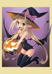  1girl blonde_hair blue_eyes demon_tail fang gloves gradient gradient_background halloween hat horns jack-o&#039;-lantern katahira_masashi kneeling long_hair looking_at_viewer one-piece_swimsuit open_mouth original pointy_ears solo swimsuit tail thigh-highs twintails wings witch_hat 