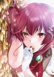  1girl bangs gloves gold_coin hair_between_eyes heterochromia highres hololive houshou_marine long_hair lying on_side parted_lips red_eyes red_neckwear redhead shiny shiny_hair shunse solo upper_body virtual_youtuber white_gloves yellow_eyes 