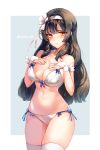  1girl bangs blush bra breasts brown_hair cleavage girls_frontline hand_on_own_chest headband highres large_breasts long_hair looking_at_viewer navel painteen panties qbz-95_(girls_frontline) signature simple_background solo standing underwear white_legwear white_panties 