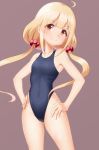  &gt;:) 1girl ahoge bangs blonde_hair blue_swimsuit blunt_bangs breasts brown_eyes c: closed_mouth futaba_anzu hands_on_hips highres hips idolmaster idolmaster_cinderella_girls legs_apart long_hair looking_at_viewer low_twintails one-piece_swimsuit purple_background sidelocks simple_background small_breasts smile solo swimsuit taka_(takahirokun) tareme thighs twintails 