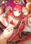  1girl armor bikini bikini_armor black_legwear blue_eyes breasts cape dragon_girl dragon_horns dragon_tail earrings elizabeth_bathory_(brave)_(fate) fate/grand_order fate_(series) gauntlets greaves hair_between_eyes holding holding_sword holding_weapon horns jewelry lancer_(fate/extra_ccc) long_hair looking_at_viewer nail_polish oversized_clothes pink_hair pink_nails pointy_ears red_bikini small_breasts solo squirrel swimsuit sword tail thigh-highs tiara umagenzin weapon white_cape white_flower 