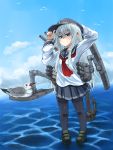  1girl anchor anchor_print bird black_footwear black_legwear blue_eyes cannon clouds day eyebrows_visible_through_hair flat_cap hat hibiki_(kantai_collection) highres kantai_collection long_hair long_sleeves ocean outdoors pleated_skirt rigging school_uniform seagull serafuku shoes sidelocks silver_hair skirt sky solo standing standing_on_liquid thigh-highs torpedo torpedo_tubes v_r_dragon01 