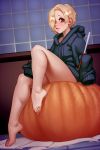  1girl barefoot blonde_hair brown_eyes earrings eyeshadow feet hair_intakes hair_over_one_eye halloween highres hood hoodie idolmaster idolmaster_cinderella_girls jack-o&#039;-lantern jewelry kyle_(kairunoburogu) legs looking_at_viewer makeup nose paper parted_lips pumpkin shirasaka_koume short_hair sitting solo thighs toes 