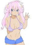  1girl absurdres bangs bare_arms bare_shoulders bikini_shorts bikini_top blue_bikini_top blue_eyes blue_shorts breasts closed_mouth commentary_request cowboy_shot donguri_suzume hair_between_eyes highres large_breasts long_hair looking_at_viewer multicolored_hair navel pink_hair scrunchie shorts simple_background solo streaked_hair striped_bikini_top twintails white_background 