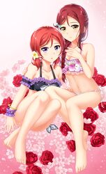  2girls :o arm_garter bangle bare_arms bare_legs bare_shoulders barefoot bikini black_bra blush bra bracelet braid breasts cleavage closed_mouth collarbone crossed_ankles feet floral_print flower full_body gradient gradient_background hair_flower hair_ornament hair_over_shoulder half_updo hand_on_another&#039;s_thigh hand_on_own_chest highres invisible_chair jewelry long_hair looking_at_viewer love_live! love_live!_sunshine!! medium_breasts multiple_girls nail_polish navel nishikino_maki parted_lips pink_background pink_eyes pink_nails red_rose redhead rose sakurauchi_riko single_braid sitting smile stomach swimsuit tareme toes tucana underwear underwear_only white_bikini yellow_eyes 