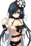  1girl bandage bangs black_hair bow breasts eyepatch fate/grand_order fate_(series) hair_between_eyes hair_bow hair_ornament hands_up long_hair low_twintails medium_breasts mochizuki_chiyome_(fate/grand_order) navel parted_lips revealing_clothes shiseki_hirame simple_background solo tsurime twintails upper_body very_long_hair violet_eyes white_background white_bow 