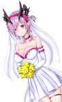  1girl ally_(eden154) bare_shoulders bouquet breasts bridal_veil choker cleavage cowboy_shot demon_horns dress dutch_angle earrings elbow_gloves eyes_visible_through_hair flower gloves hair_over_one_eye highres horn_ornament horns jewelry large_breasts lavender_hair looking_at_viewer oskulolu pointy_ears shironeko_project short_dress short_hair smile solo strapless strapless_dress thigh_strap veil violet_eyes wedding_dress white_background white_dress white_gloves 