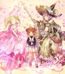  1girl 3girls :o ^_^ antenna_hair bare_shoulders brown_hair card_captor_sakura closed_eyes clow_card collarbone crossover double_bun dress drill_hair flower granblue_fantasy green_dress green_eyes hair_ornament hat high_heels kinomoto_sakura lennah long_sleeves looking_at_viewer looking_up multiple_girls off-shoulder_dress off_shoulder petals pink_dress purple_hair school_uniform shigaraki_(strobe_blue) short_hair skirt the_flower_(cardcaptor_sakura) twin_drills white_skirt witch_hat 