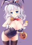  1girl :o animal_ears bangs bare_shoulders basket beret black_legwear black_leotard blue_eyes blush breasts candy circle_name collarbone cowboy_shot detached_collar eyebrows_visible_through_hair food grey_hair halloween hands_up hat highres holding kantai_collection kashima_(kantai_collection) kerchief large_breasts leaning_forward leotard long_hair purple_background rabbit_ears saliva saliva_trail shade sidelocks simple_background solo sousouman thigh-highs thighs wavy_hair wrist_cuffs 