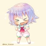  &gt;_&lt; 1girl chibi closed_eyes full_body green_sailor_collar kantai_collection kouu_hiyoyo neckerchief open_mouth pink_background purple_hair red_neckwear sailor_collar school_uniform serafuku short_hair short_sleeves shorts simple_background solo standing tama_(kantai_collection) twitter_username wavy_mouth white_shorts 