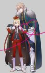  2boys black_gloves blonde_hair blue_eyes cape crown fate/extra fate_(series) gawain_(fate/extra) gloves green_eyes heart heart_of_string height_difference highres julius_belkisk_harway male_focus multiple_boys red_string string yaoi yszw 