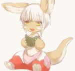  1girl :3 :d animal_ears book brown_fur eyebrows_visible_through_hair full_body fur furry grey_background hideko_(l33l3b) holding holding_book looking_at_viewer made_in_abyss nanachi_(made_in_abyss) open_mouth paws simple_background sitting smile solo tail whiskers white_hair yellow_eyes 