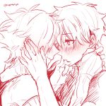  2boys archer_(fate/extra) couple fate/extra fate/grand_order fate_(series) finger_to_mouth fujimaru_ritsuka_(male) hand_on_another&#039;s_cheek hand_on_another&#039;s_face lips male_focus monochrome multiple_boys parted_lips smile twitter_username upper_body yaoi 