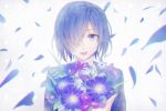  1girl :d bangs blue_eyes blue_hair bouquet commentary_request eyebrows_visible_through_hair flower hair_over_one_eye holding holding_bouquet kanda_kou kirishima_touka one_eye_covered open_mouth short_hair smile solo tokyo_ghoul upper_body 