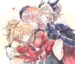 3girls artoria_pendragon_(all) artoria_pendragon_(lancer_alter) bare_shoulders blonde_hair braid breasts closed_eyes fate/grand_order fate_(series) florence_nightingale_(fate/grand_order) french_braid gloves hand_holding hand_on_another&#039;s_head heart hug mirui mother_and_daughter multiple_girls pink_hair ponytail saber_of_red sketch smile under_boob white_gloves yuri 