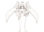  1girl angel_wings bangs bare_shoulders breasts character_name cleavage closed_mouth commentary detached_sleeves dress eyebrows_visible_through_hair greyscale hand_on_hip highres hips large_breasts long_dress long_hair looking_at_viewer monochrome nanatsu_no_taizai nerobasta revision simple_background smile solo sparkle standing the_golden_smurf white_background wings 