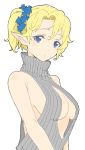  1girl absurdres bangs bare_arms bare_shoulders blonde_hair blue_eyes breasts closed_mouth copyright_request donguri_suzume elf grey_sweater highres looking_at_viewer medium_breasts meme_attire one_side_up open-chest_sweater pointy_ears ribbed_sweater scrunchie solo sweater sweater_vest upper_body white_background 