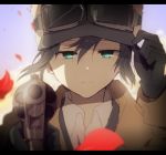  1girl androgynous aqua_eyes black_hair blue_eyes gloves goggles goggles_on_headwear gun handgun hat hiiragi_fuyuki jacket kino kino_no_tabi letterboxed light_smile looking_at_viewer petals pointing_weapon short_hair smile solo weapon 